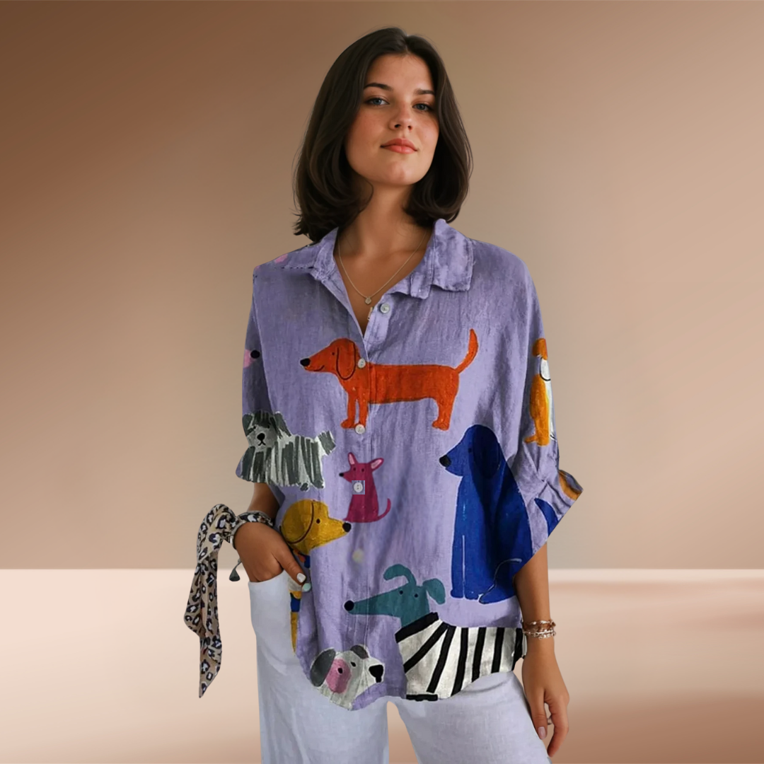 Sarah | Fun Dog Print Button-Up Shirt