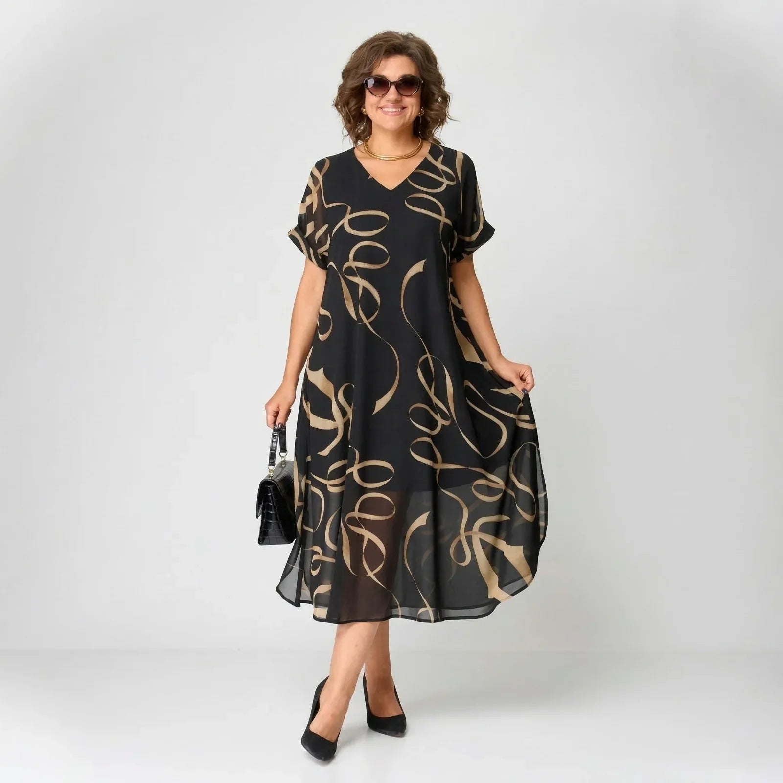 Francesca™ | Dress with Ruffle and Golden Print