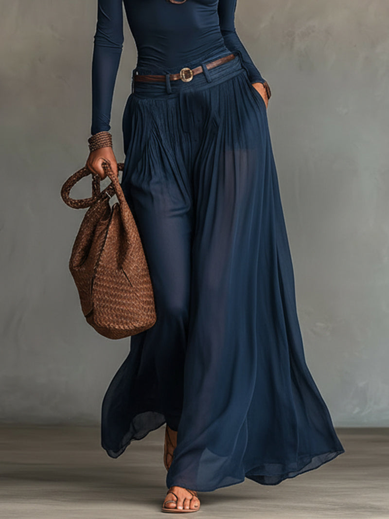 Navy Blue One-shoulder Top And Sheer Tulle Skirt Two-piece Set (with belt)