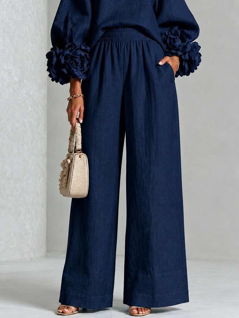 Navy Top Featuring Striking Floral Cuffs Paired With Wide-leg Pants Suit