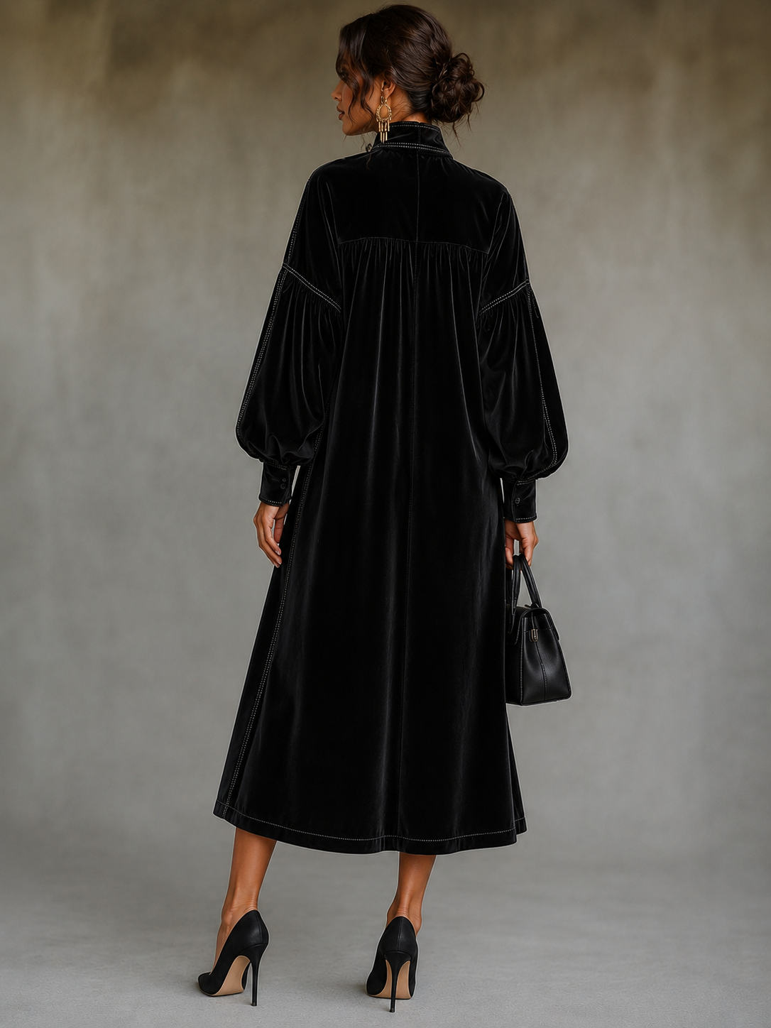 Black Velvet Midi Dress With Bow Detail And Lantern Sleeves