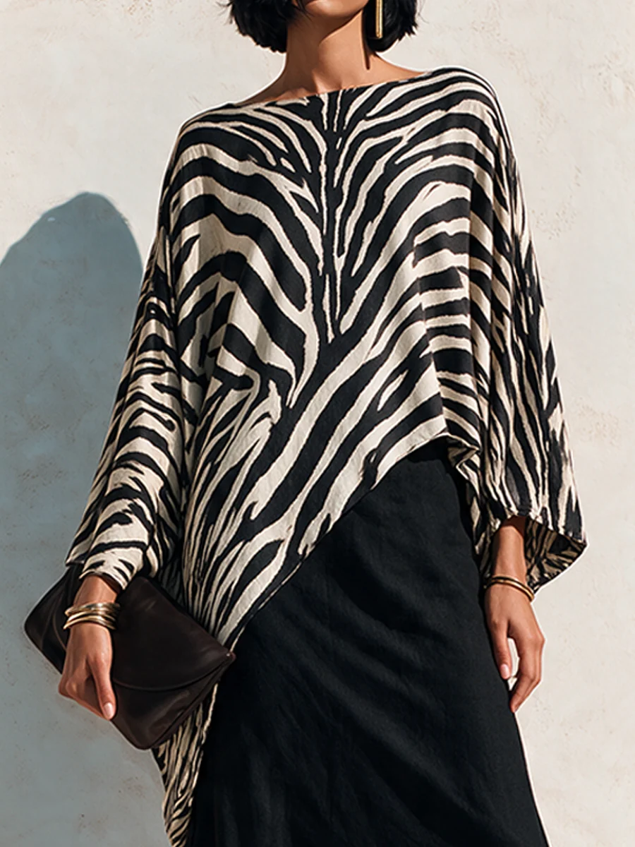 Black Zebra Asymmetrical Top And Black Drape Skirt Two-Piece Set