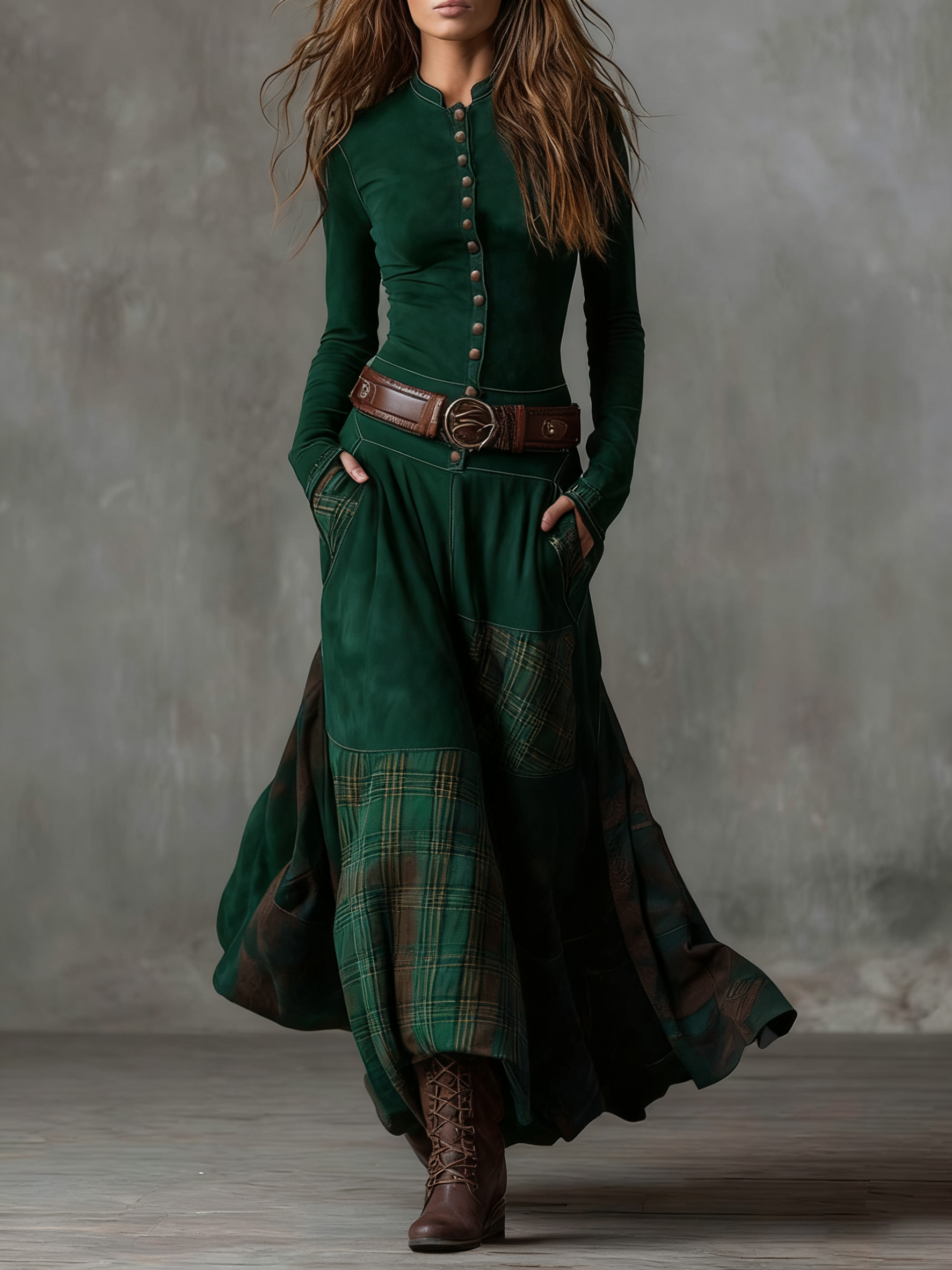 Leonora | Vintage Long Dress in Navy Blue Suede Check (Includes Belt)