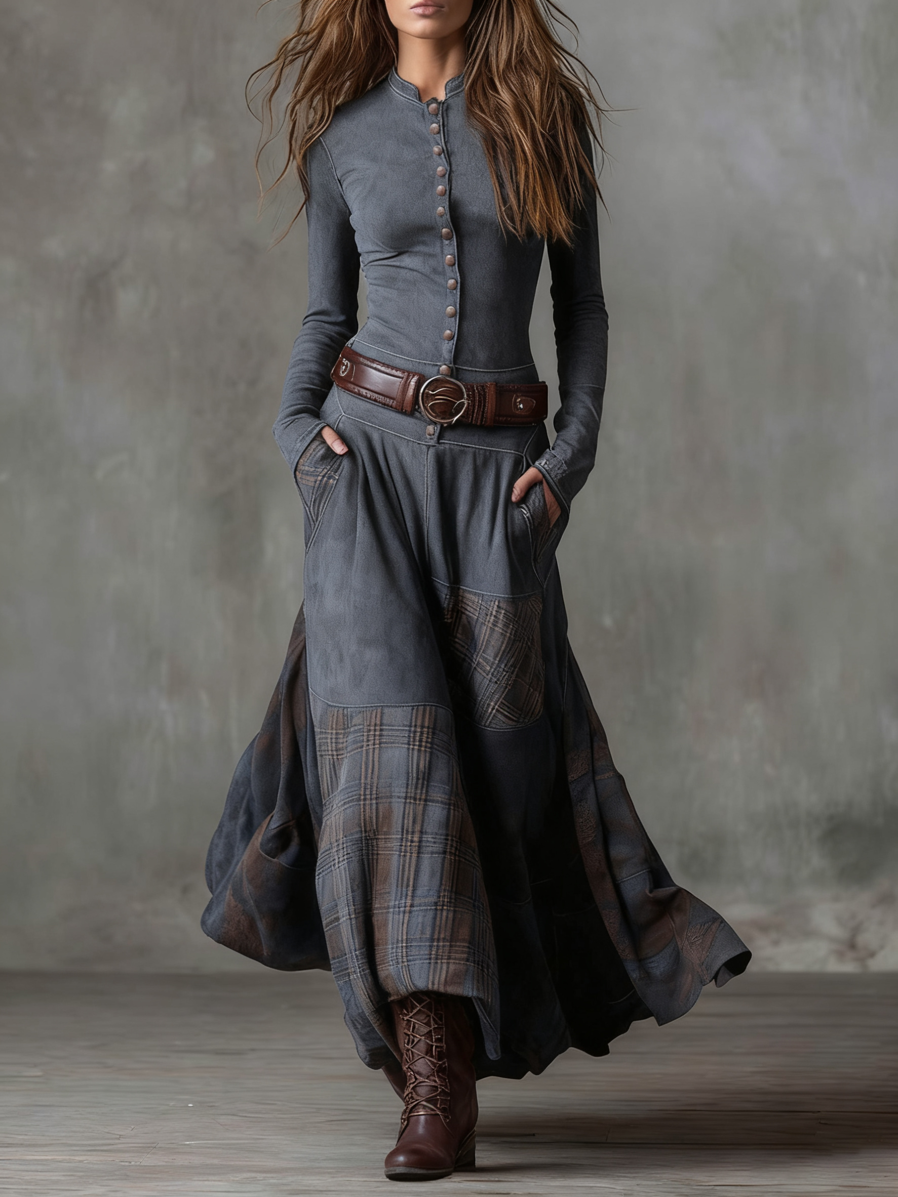 Helena | Navy Blue Suede Maxi Dress with Belt
