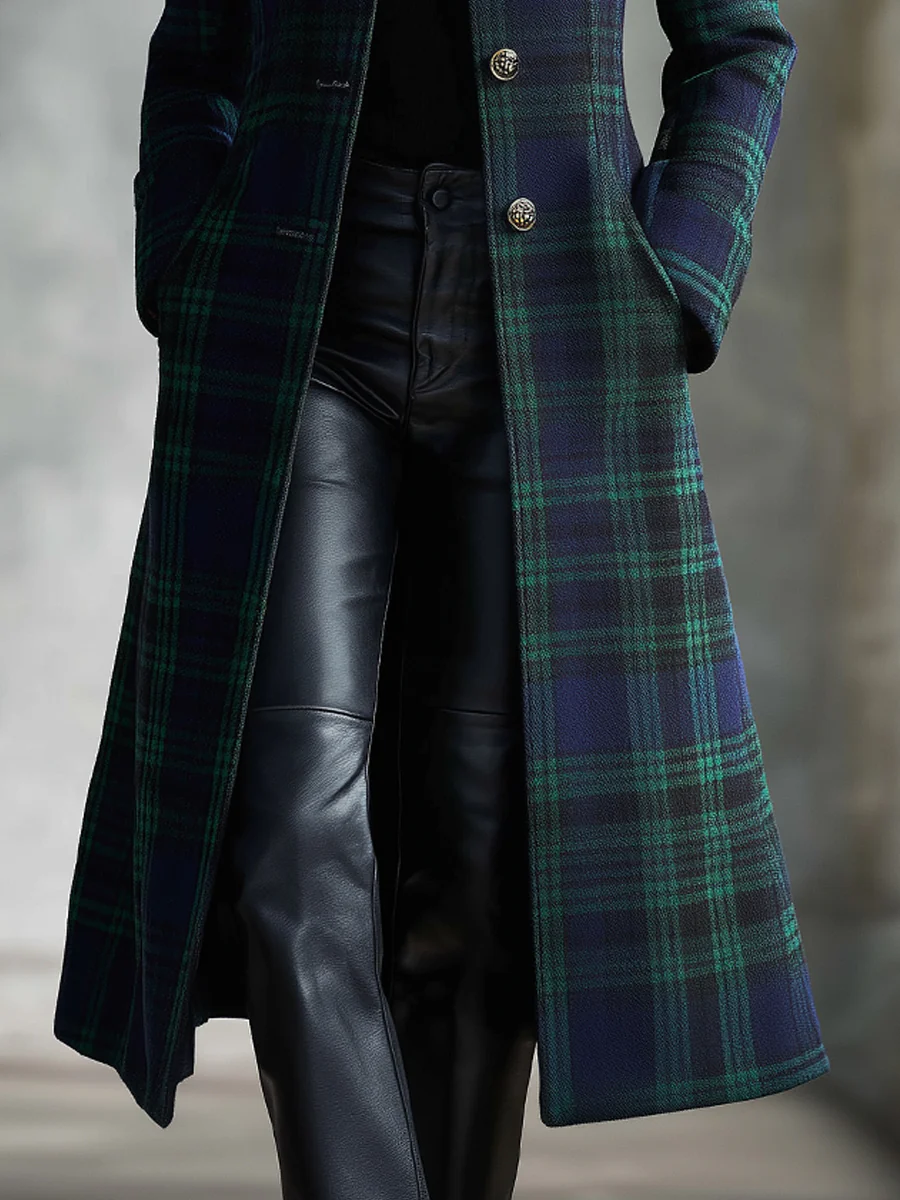 Retro Blue-green Color-blocked Plaid Midi Coat
