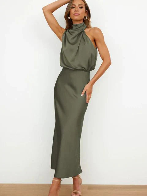 Addison| Halterneck Satin Midi Dress