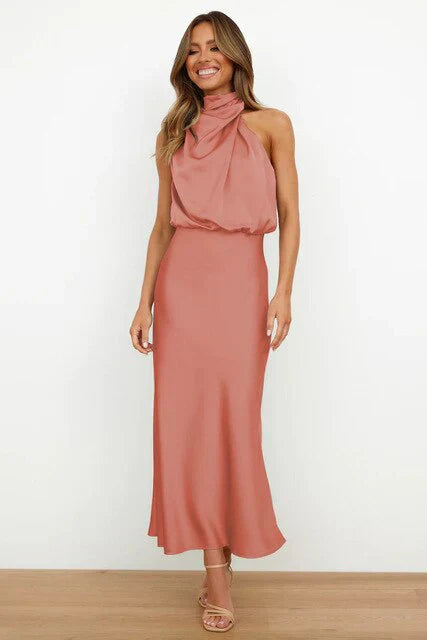 Addison| Halterneck Satin Midi Dress