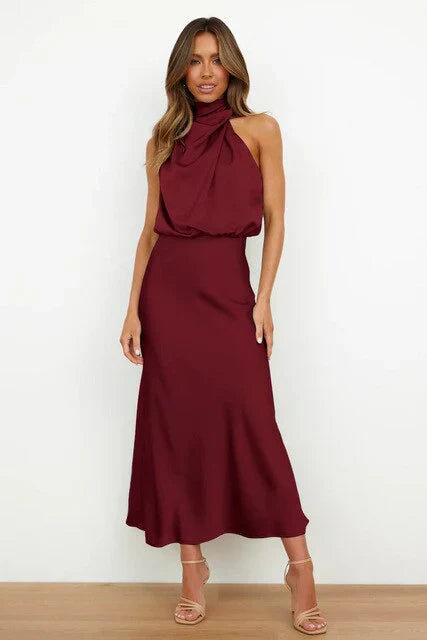 Addison| Halterneck Satin Midi Dress