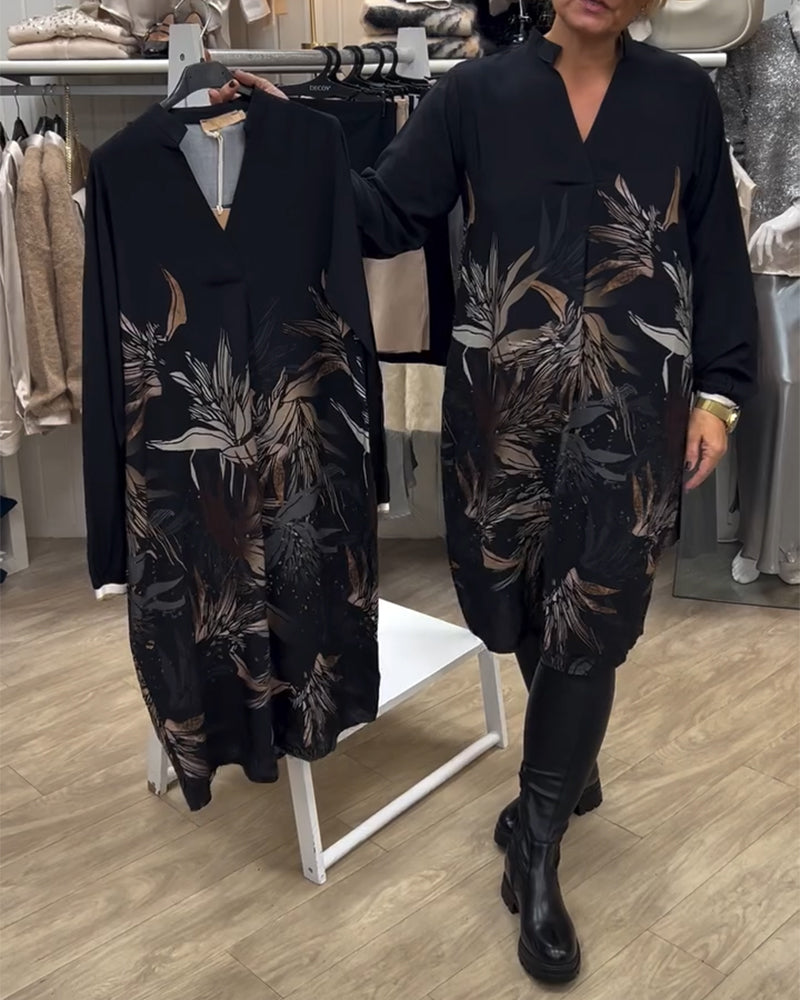 Dress V-neck Leaf Print Long Sleeve