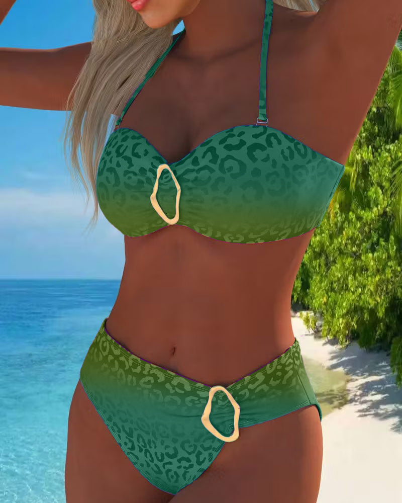 Halterneck Swimsuit with Leopard Print and Color Gradient