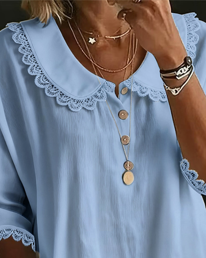 Blouse with Lace Insert Peter Pan Collar