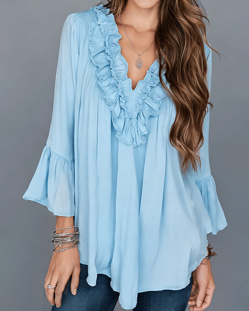 Elegant V-Neck Ruffled Blouse