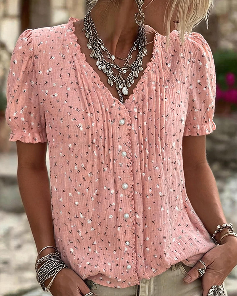 Blouse Puff Sleeves Floral Print Short Sleeved