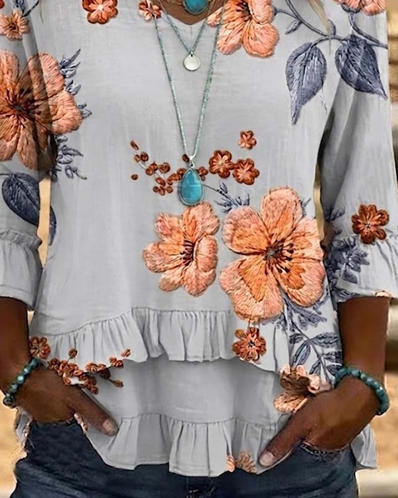 Vintage Floral V-Neck Blouse Loose Fit