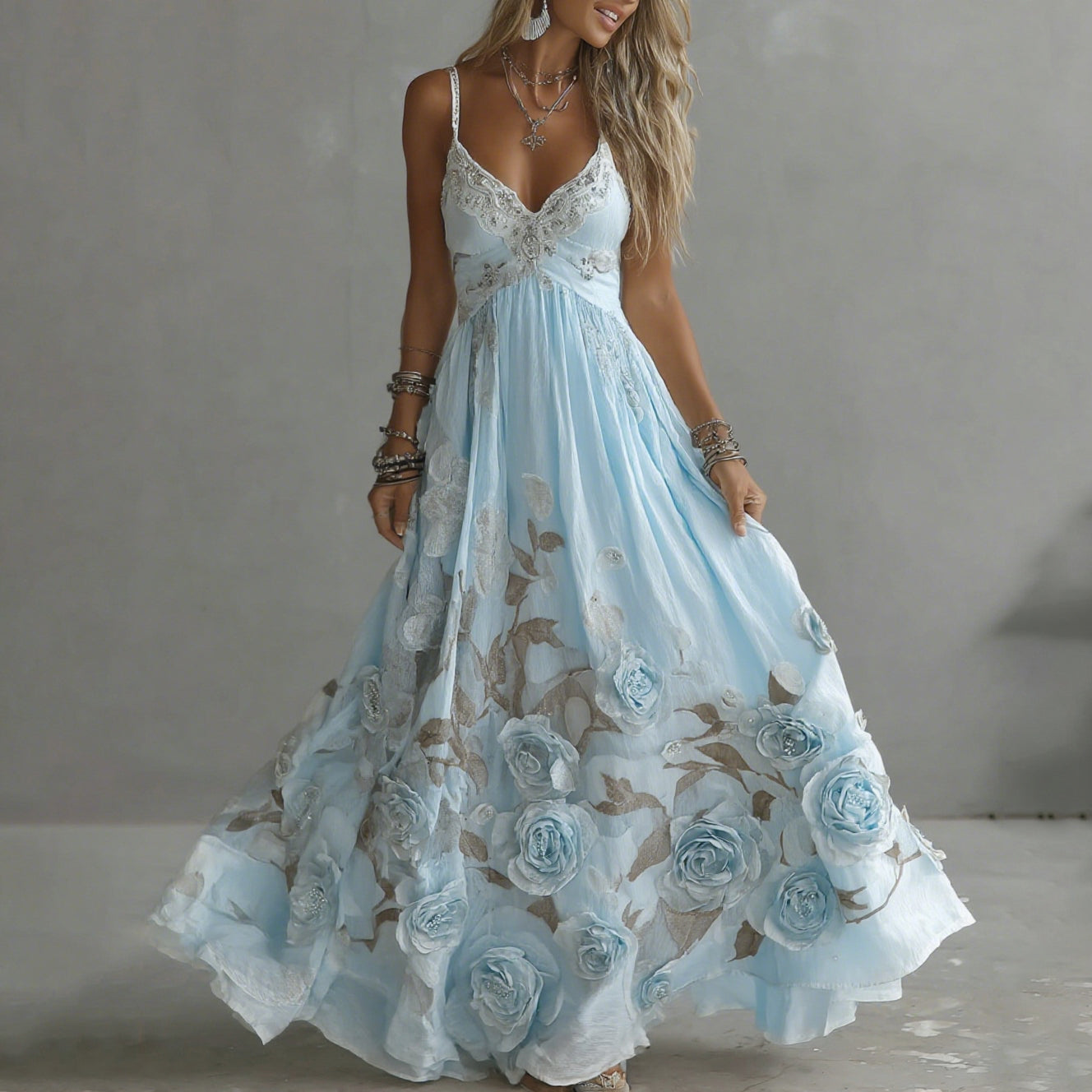 Adeluna | Long Dress with Vintage Rose and Embroidery