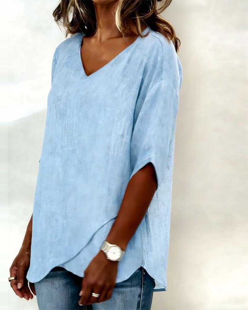 Irregular Hem Top Solid Color V Neck