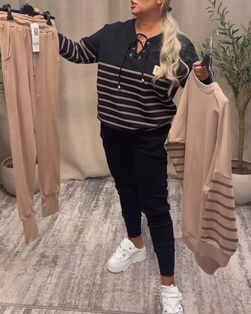 Casual Striped Sports Set with Relaxed Ankle Pants