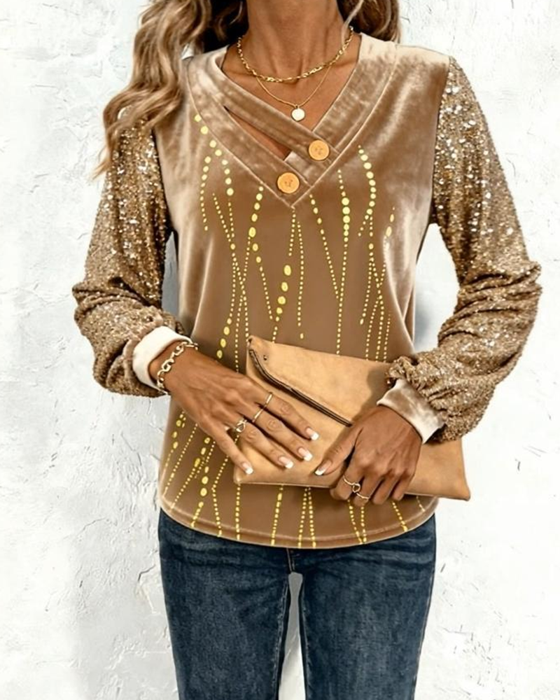 Sequined Velvet Patchwork V-Neck Top