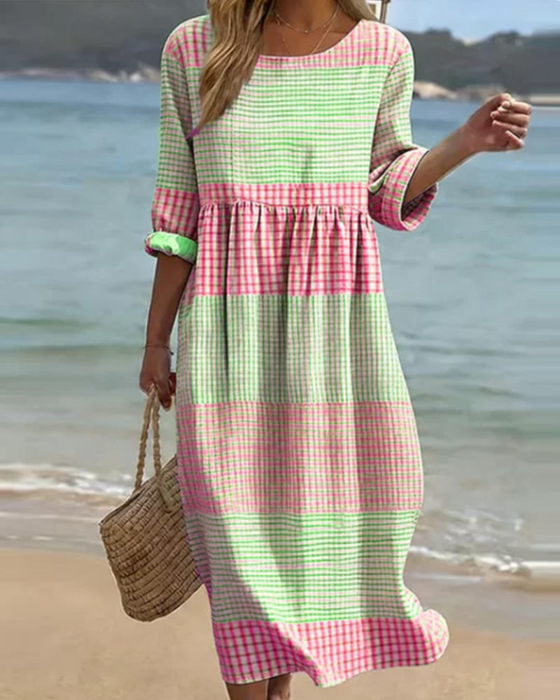 Dress Striped Color Block Loose