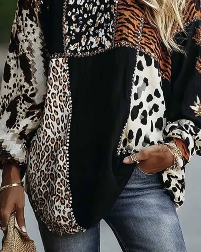 Blouse Round Neck Leopard Tiger Print Contrast