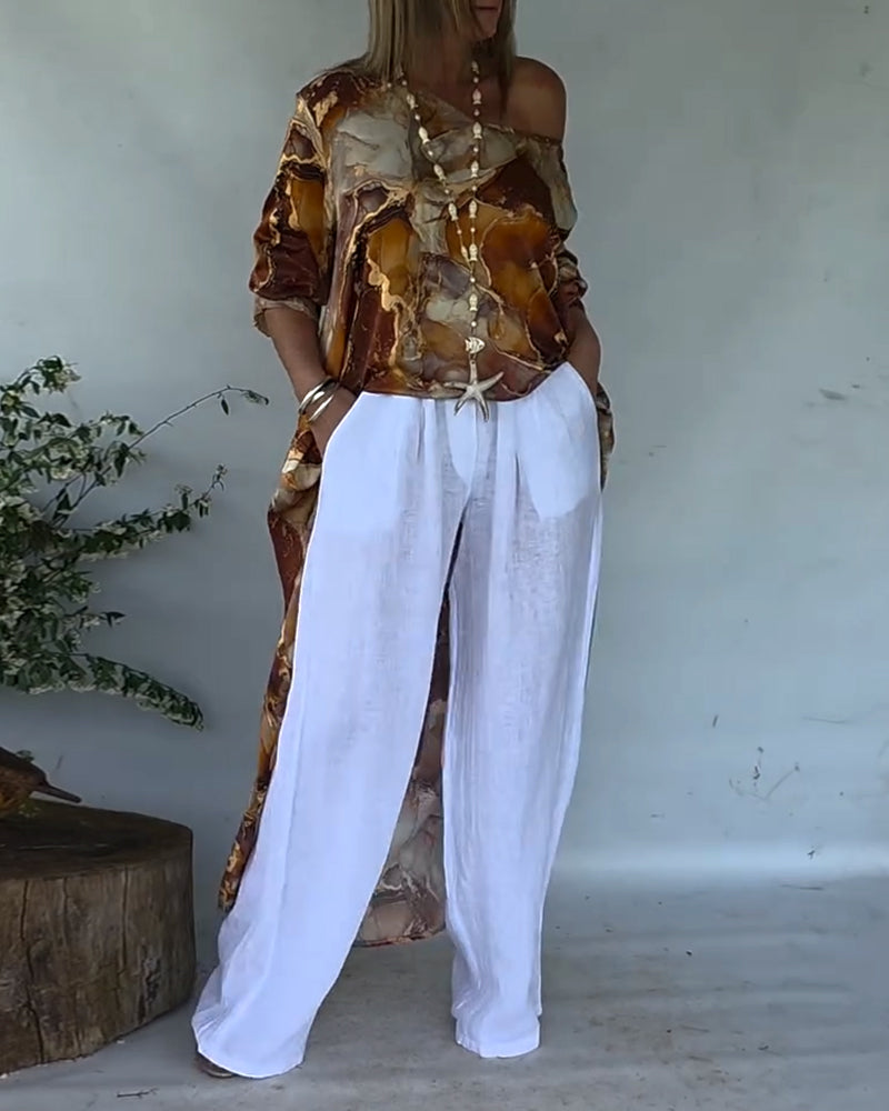 Trendy Printed Split Blouse
