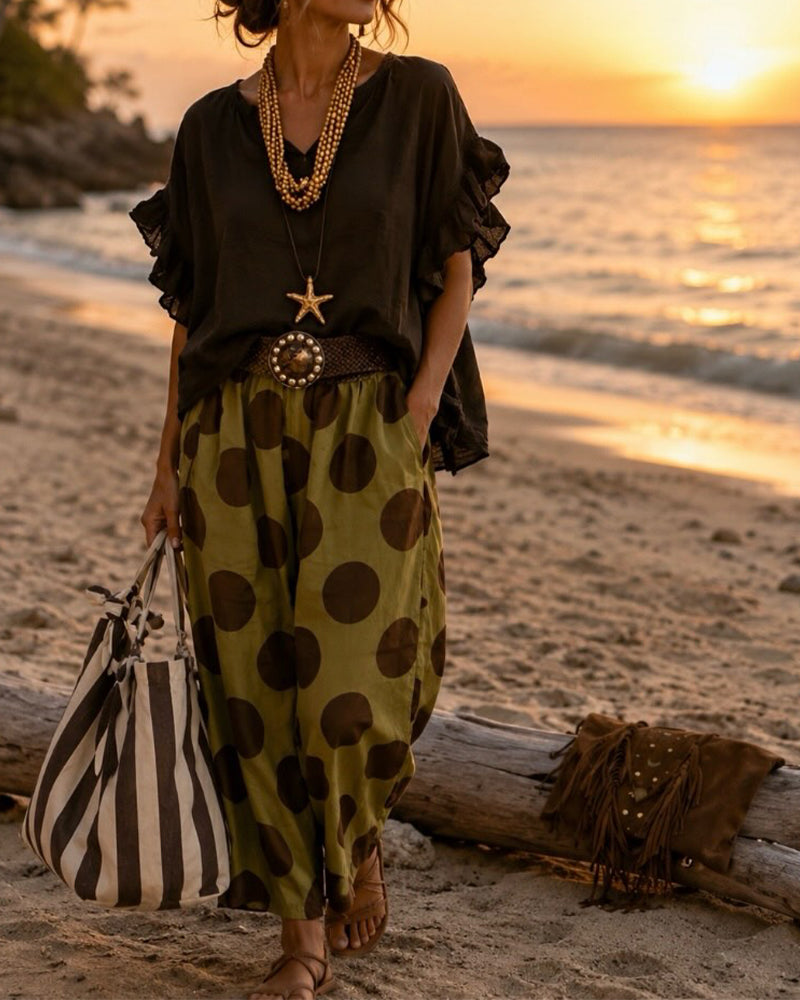 Set V-Neck Ruffle Top & Polka Dot Pants