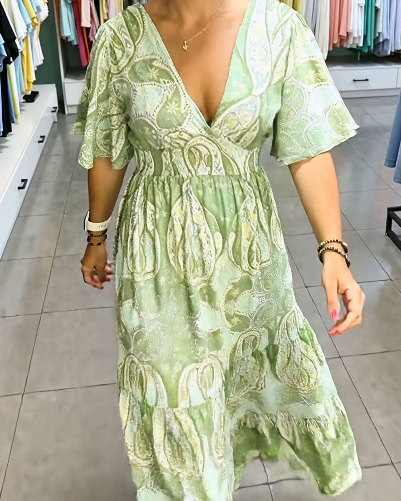 V-Neck Ruffled Printed Dress
