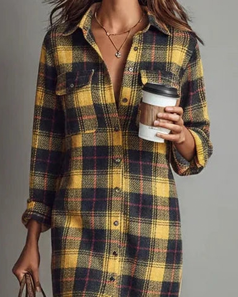 Dress with Shirt Collar Checkered Long Sleeve