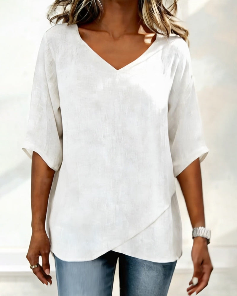 Irregular Hem Top Solid Color V Neck