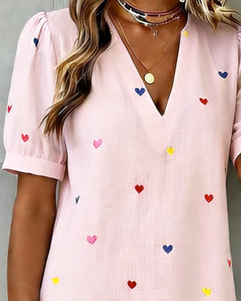 Colorful Heart Print V-Neck Dress
