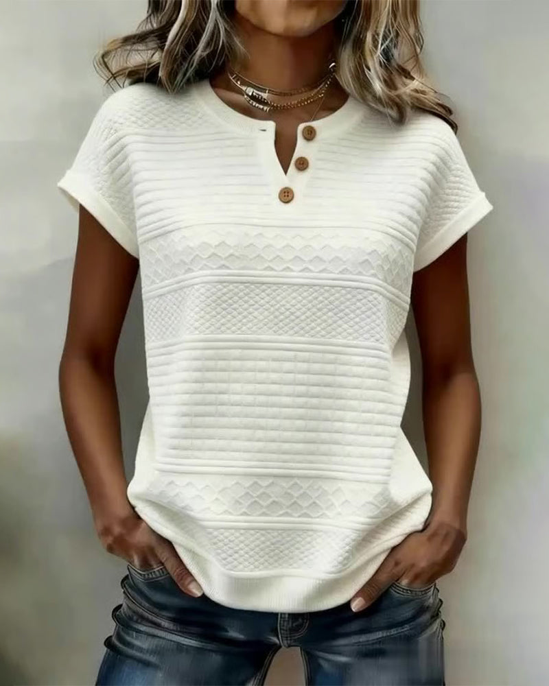 Short Sleeve V-Neck Buttoned T-Shirt with Cable Pattern