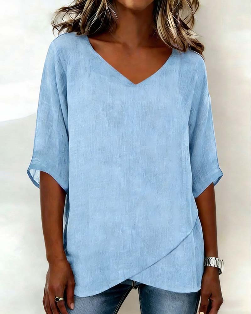 Irregular Hem Top Solid Color V Neck