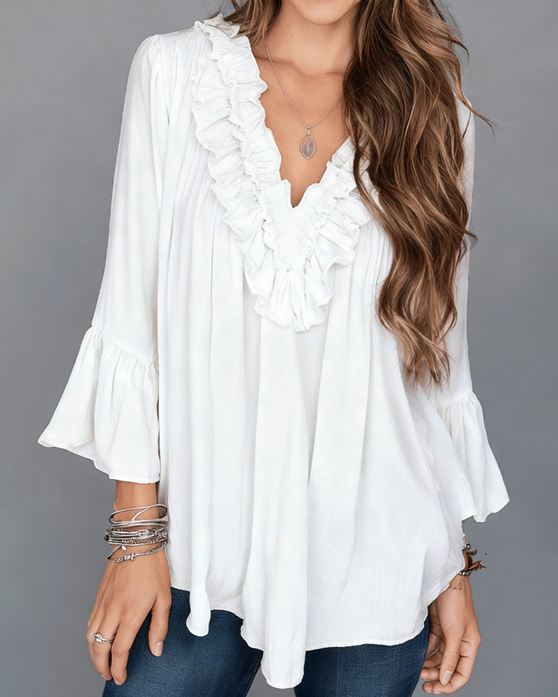 Elegant V-Neck Ruffled Blouse