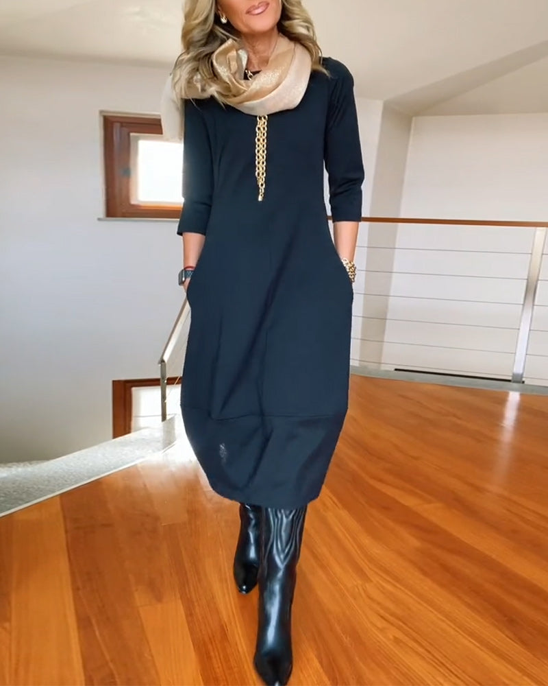 Elegant Solid Color Dress with Pocket and Round Collar
