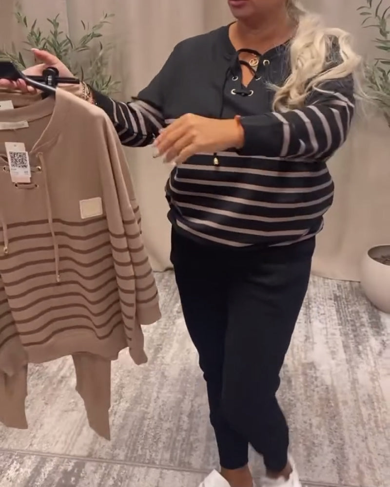 Casual Striped Sports Set with Relaxed Ankle Pants