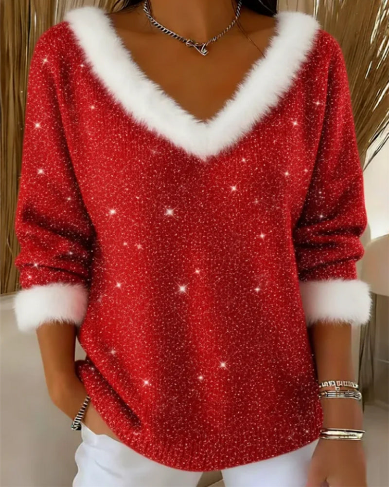 Trendy Shiny Fur V-Neck Sweater