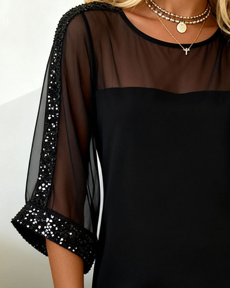Dress Glitter Paneled Mesh Round Neck