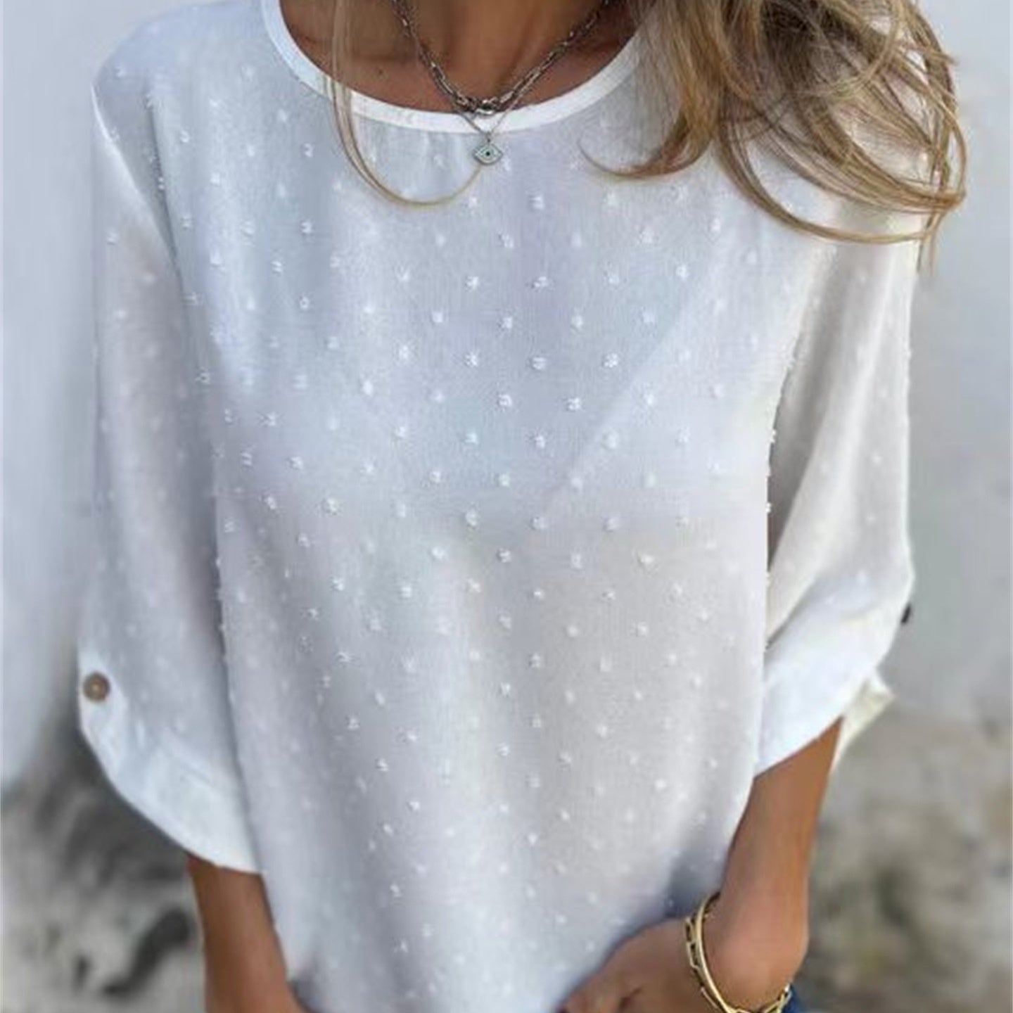 Casual Jacquard Top with Round Neckline for Women