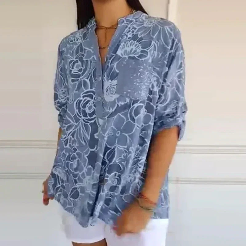 Women's Blouse with V-Neck and Floral Print
