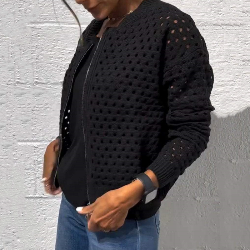 Casual Zip-Up Cardigan for Women with Hollow Design