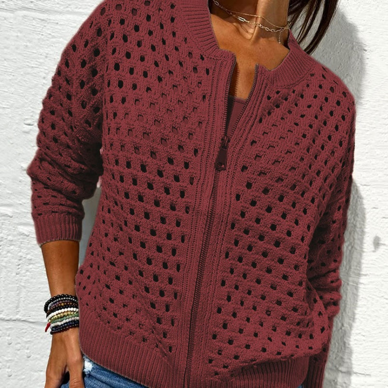 Casual Zip-Up Cardigan for Women with Hollow Design