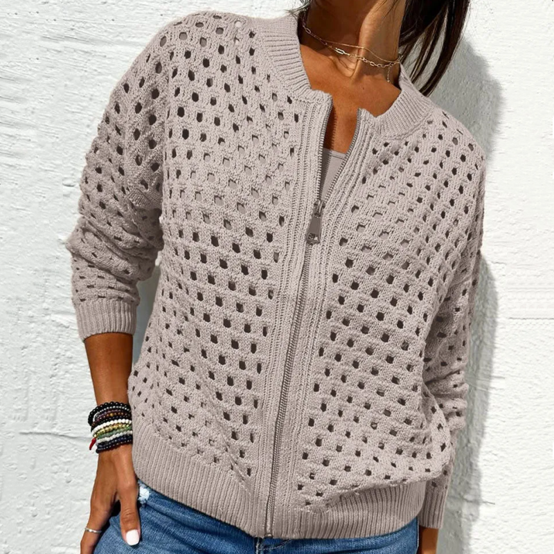 Casual Zip-Up Cardigan for Women with Hollow Design