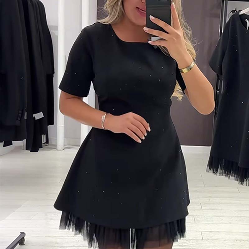 Fawnia | Sparkling Mini Dress with Short Sleeves and Lace Trimmings