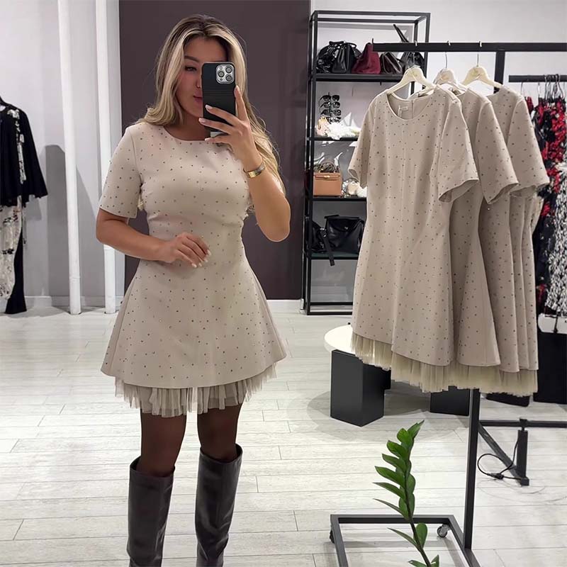 Fawnia | Sparkling Mini Dress with Short Sleeves and Lace Trimmings