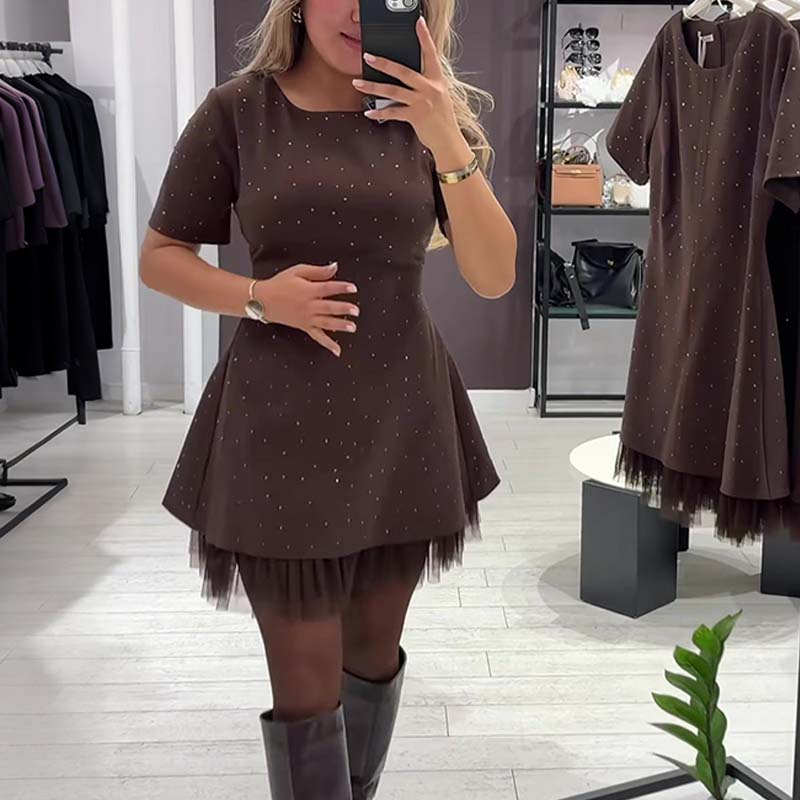 Fawnia | Sparkling Mini Dress with Short Sleeves and Lace Trimmings