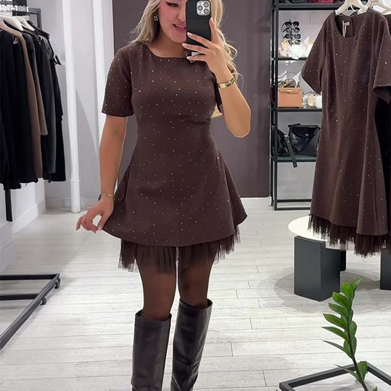 Fawnia | Sparkling Mini Dress with Short Sleeves and Lace Trimmings