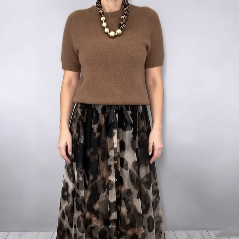 Two Piece Set for Women Comprising a Sweater and a Flowing Leopard Print Skirt