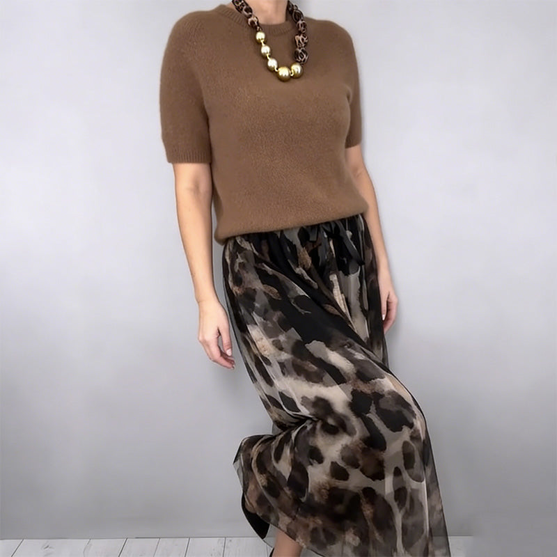 Two Piece Set for Women Comprising a Sweater and a Flowing Leopard Print Skirt