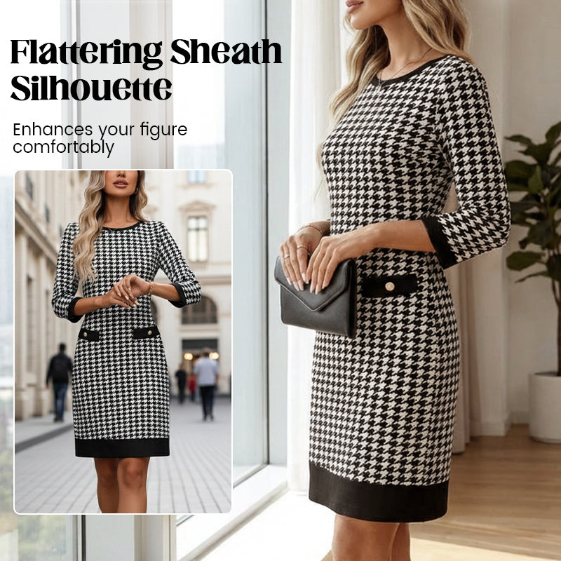 🏆 Hot Sale 70% OFF ✨Women's Crew Neck Houndstooth Bodycon Midi Dress