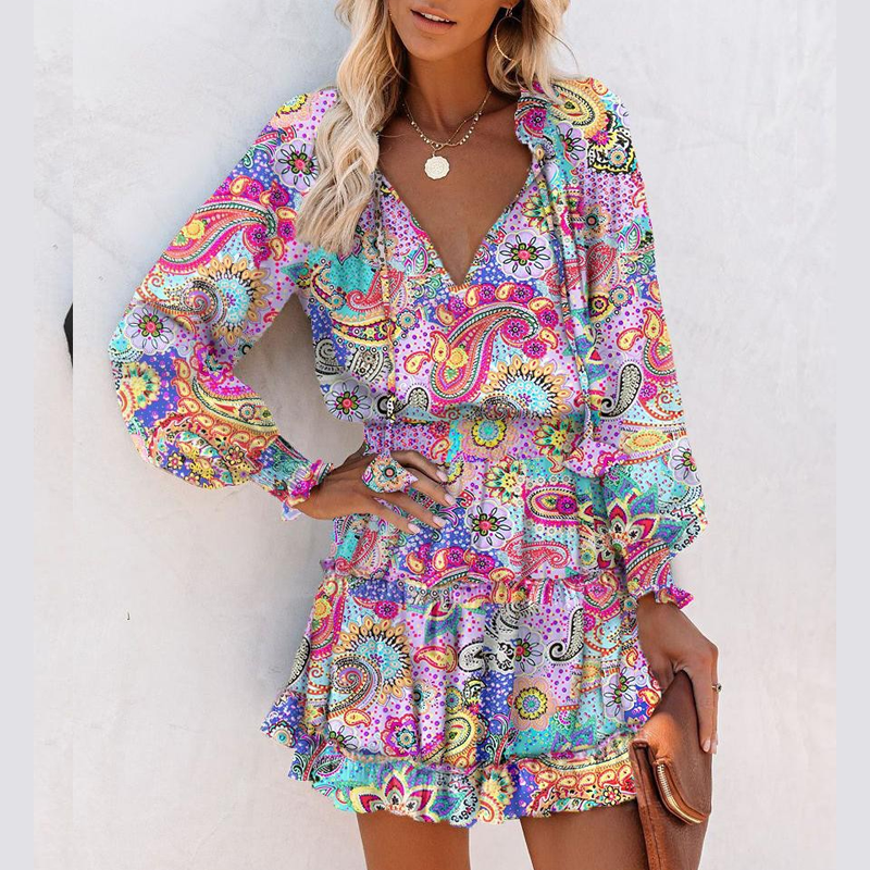V-neck Mini Dress with Long Sleeves and Ruffled Hem for Women